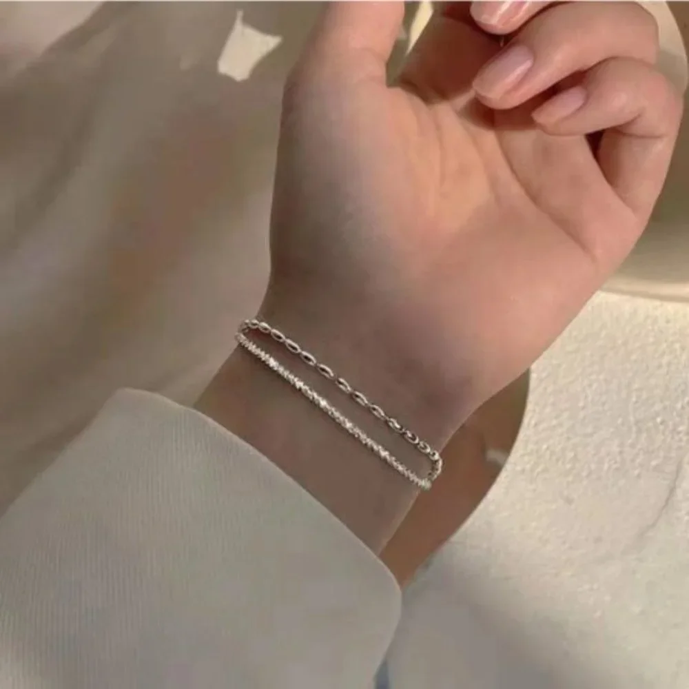 925 Sterling Silver Double Layer Bracelet Engagement Wedding Women Fine Jewelry - Picture 2 of 7